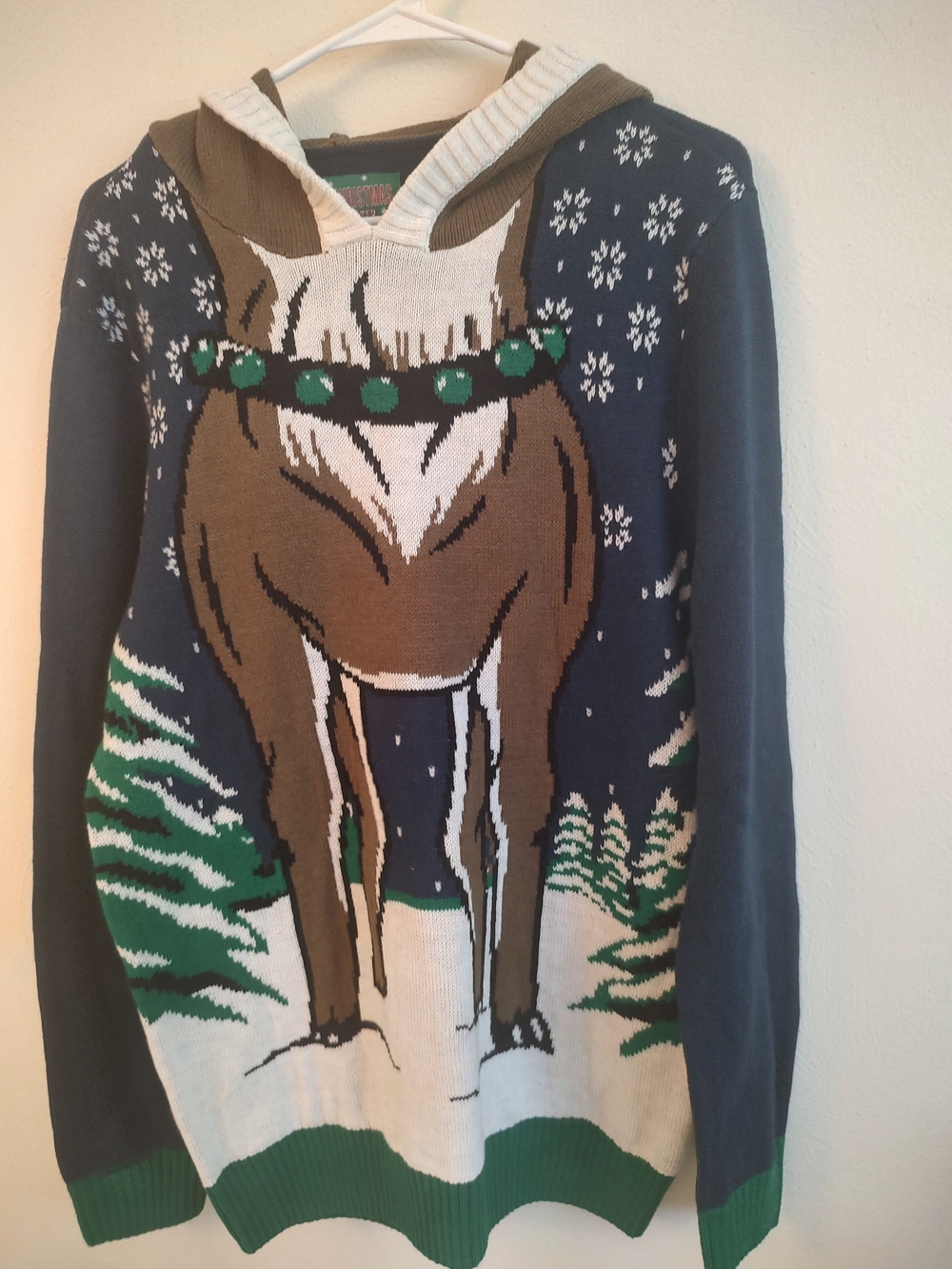 Ugly Christmas Sweater Men Crewneck Navy, Brown & Green Reindeer Hoodie